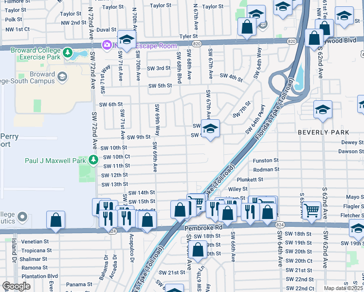 map of restaurants, bars, coffee shops, grocery stores, and more near 6821 Southwest 10th Court in Pembroke Pines