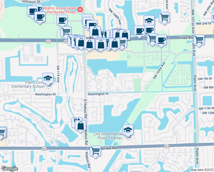 map of restaurants, bars, coffee shops, grocery stores, and more near 11057 Southwest 8th Street in Pembroke Pines