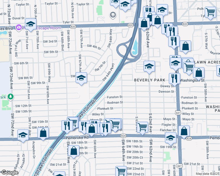 map of restaurants, bars, coffee shops, grocery stores, and more near 6432 Dawson Street in Hollywood