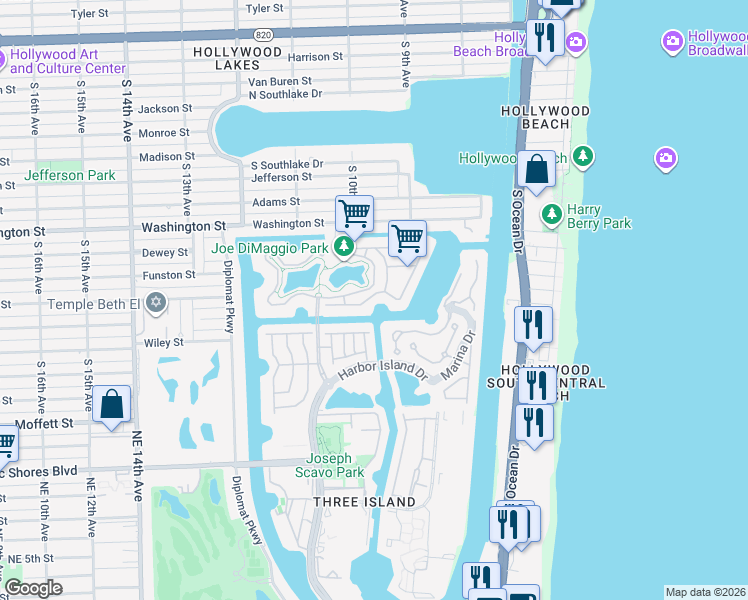 map of restaurants, bars, coffee shops, grocery stores, and more near 1466 Commodore Way in Hollywood