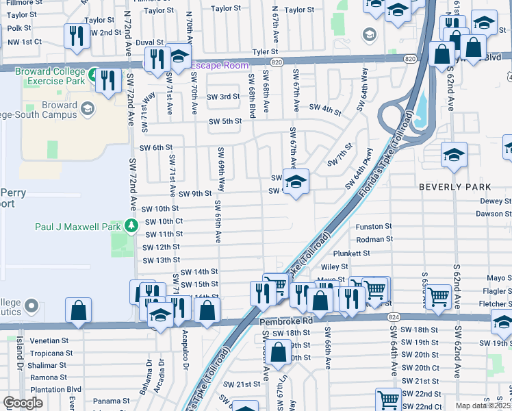 map of restaurants, bars, coffee shops, grocery stores, and more near 6821 Southwest 10th Court in Pembroke Pines