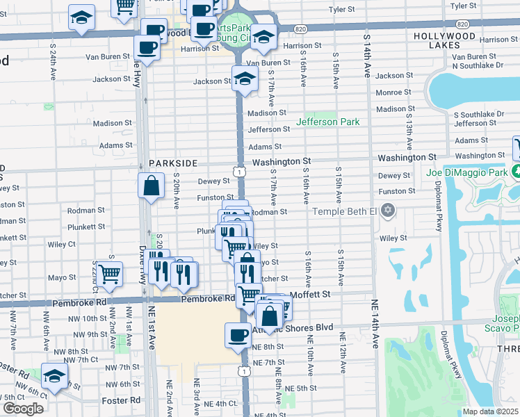 map of restaurants, bars, coffee shops, grocery stores, and more near 1725 Rodman Street in Hollywood