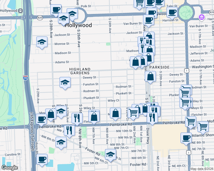 map of restaurants, bars, coffee shops, grocery stores, and more near 2439 Rodman Street in Hollywood