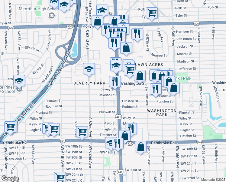 map of restaurants, bars, coffee shops, grocery stores, and more near 6012 Dewey Street in Hollywood