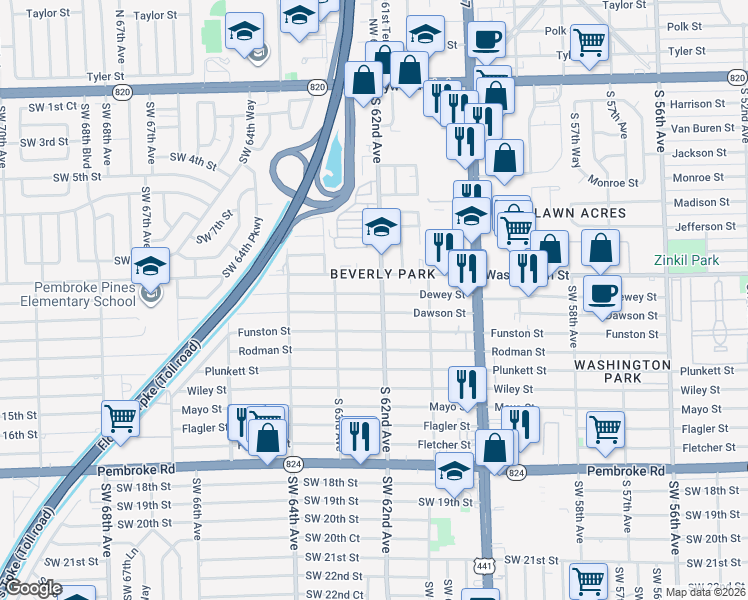 map of restaurants, bars, coffee shops, grocery stores, and more near 6140 Dawson Street in Hollywood
