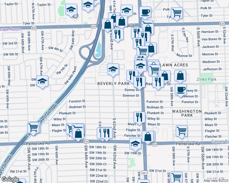 map of restaurants, bars, coffee shops, grocery stores, and more near 6140 Dawson Street in Hollywood