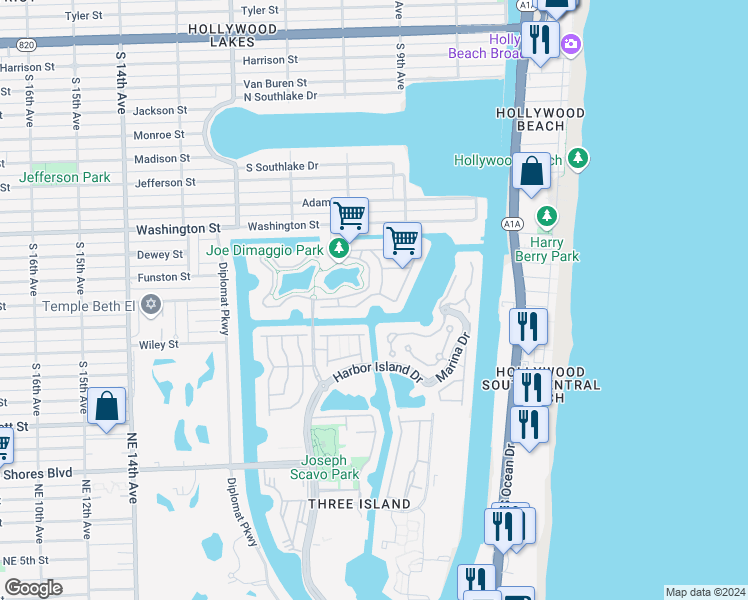 map of restaurants, bars, coffee shops, grocery stores, and more near 1466 Commodore Way in Hollywood
