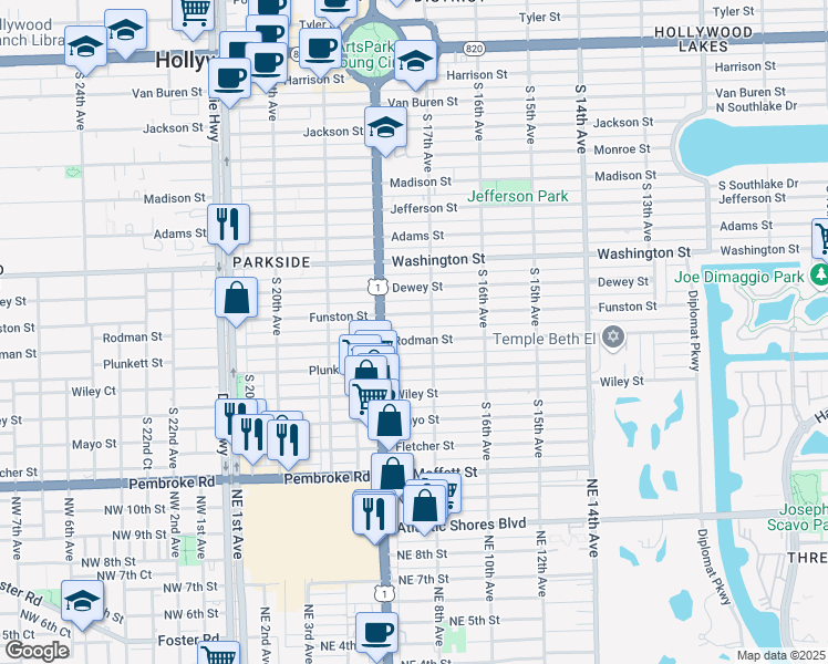 map of restaurants, bars, coffee shops, grocery stores, and more near 1738 Rodman Street in Hollywood