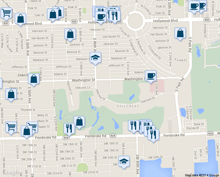 map of restaurants, bars, coffee shops, grocery stores, and more near 4373 Large Leaf Lane in Hollywood