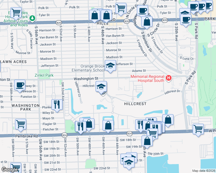 map of restaurants, bars, coffee shops, grocery stores, and more near 1001 Hillcrest Drive in Hollywood