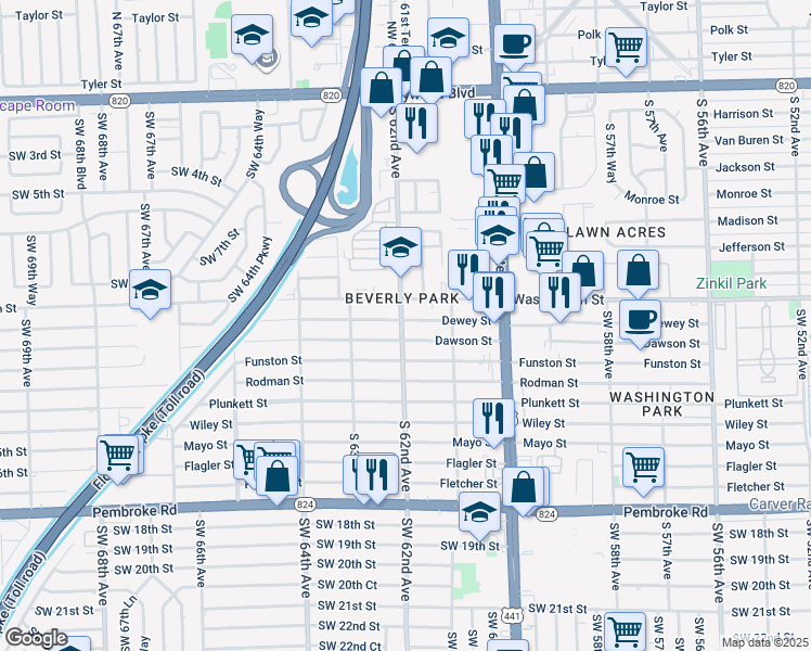 map of restaurants, bars, coffee shops, grocery stores, and more near 6140 Dawson Street in Hollywood