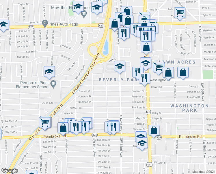 map of restaurants, bars, coffee shops, grocery stores, and more near 6232 Dawson Street in Hollywood