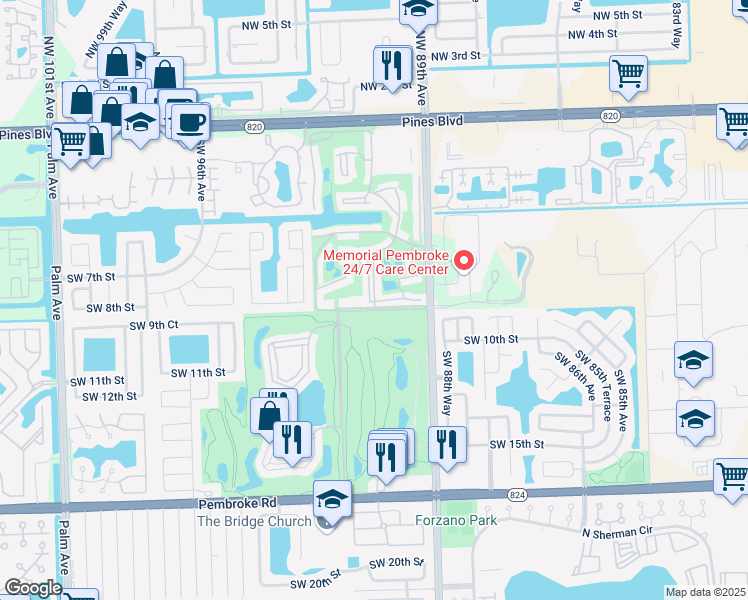 map of restaurants, bars, coffee shops, grocery stores, and more near 900 Hollybrook Drive in Pembroke Pines