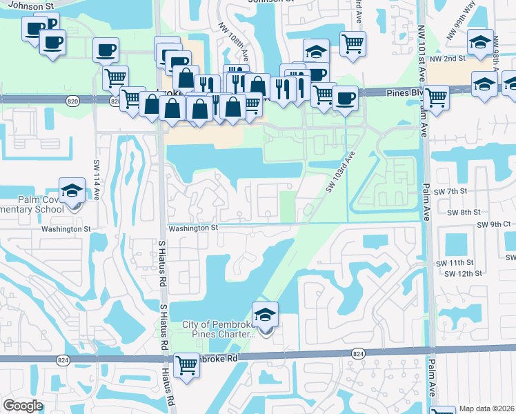 map of restaurants, bars, coffee shops, grocery stores, and more near 790 Southwest 107th Avenue in Pembroke Pines