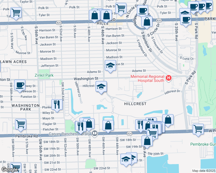 map of restaurants, bars, coffee shops, grocery stores, and more near 1001 Hillcrest Drive in Hollywood