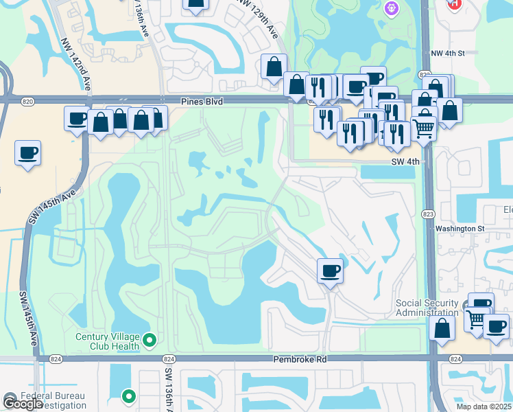map of restaurants, bars, coffee shops, grocery stores, and more near 901 Southwest 128th Terrace in Pembroke Pines