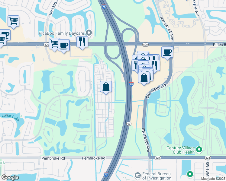map of restaurants, bars, coffee shops, grocery stores, and more near 625 Southwest 146th Terrace in Pembroke Pines