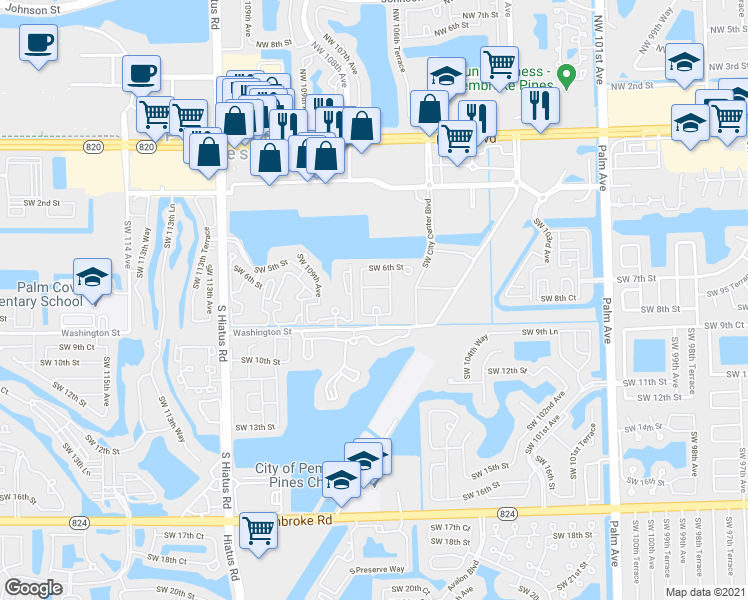 map of restaurants, bars, coffee shops, grocery stores, and more near 662 Southwest 106th Avenue in Pembroke Pines