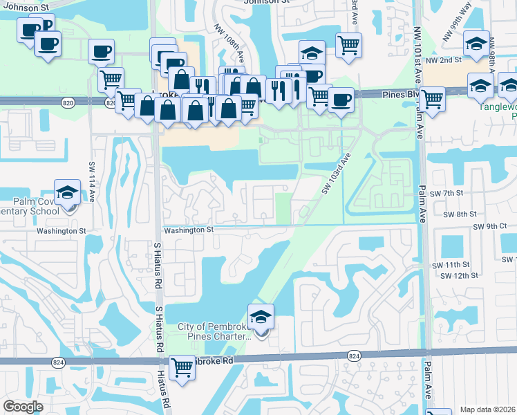 map of restaurants, bars, coffee shops, grocery stores, and more near 636 Southwest 107th Avenue in Pembroke Pines