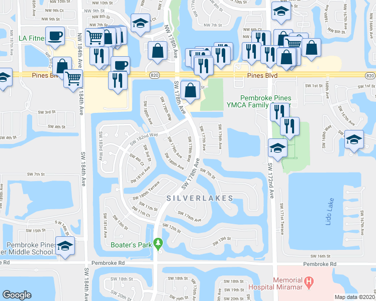 map of restaurants, bars, coffee shops, grocery stores, and more near 530 Southwest 178th Way in Pembroke Pines