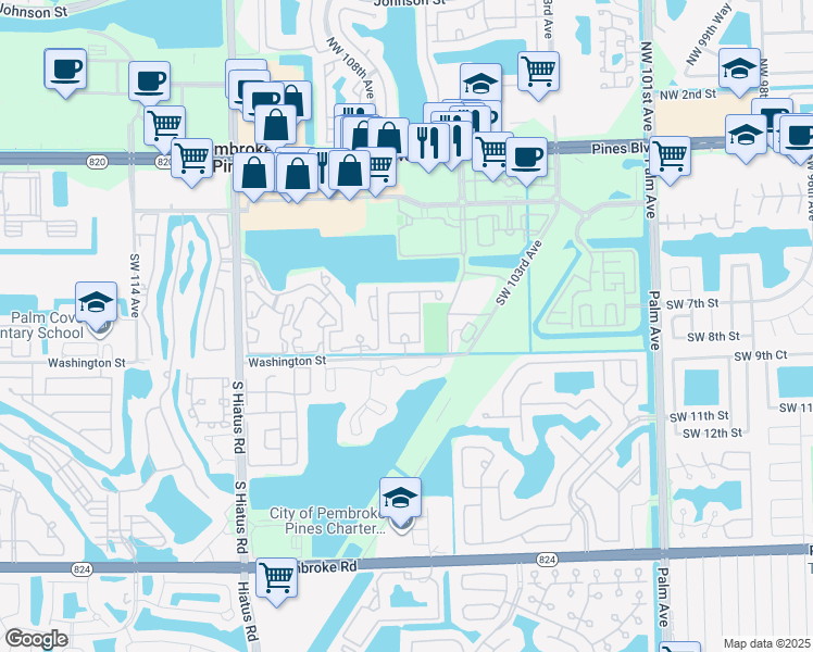 map of restaurants, bars, coffee shops, grocery stores, and more near 662 Southwest 106th Avenue in Pembroke Pines