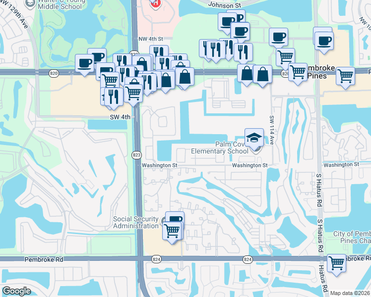 map of restaurants, bars, coffee shops, grocery stores, and more near 11901 Southwest 7th Street in Pembroke Pines