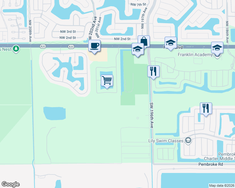 map of restaurants, bars, coffee shops, grocery stores, and more near 630 Southwest 198th Terrace in Pembroke Pines