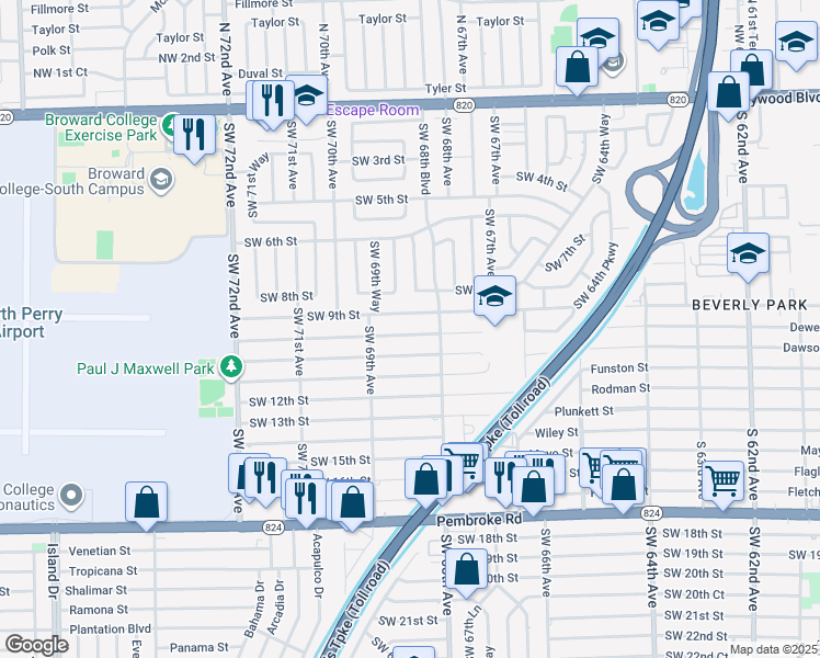 map of restaurants, bars, coffee shops, grocery stores, and more near 6821 Southwest 10th Street in Pembroke Pines