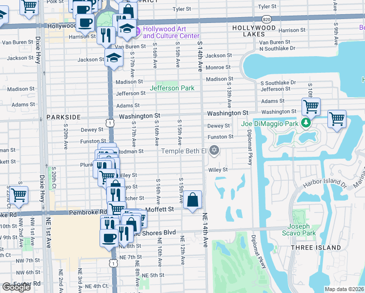 map of restaurants, bars, coffee shops, grocery stores, and more near 1436 Funston Street in Hollywood