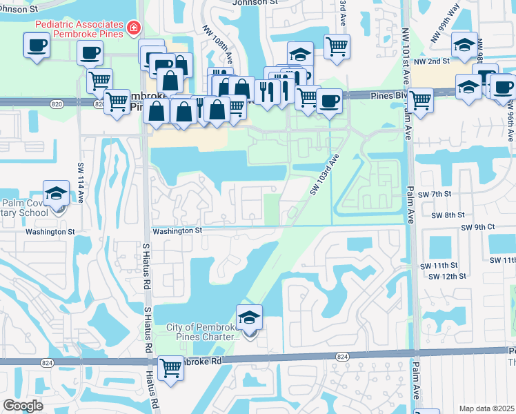 map of restaurants, bars, coffee shops, grocery stores, and more near 662 Southwest 106th Avenue in Pembroke Pines