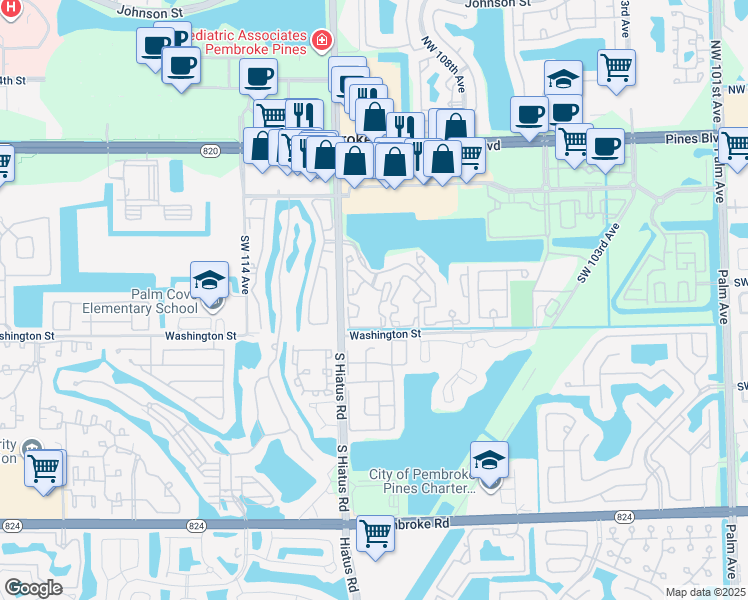 map of restaurants, bars, coffee shops, grocery stores, and more near 11133 Southwest 8th Street in Pembroke Pines