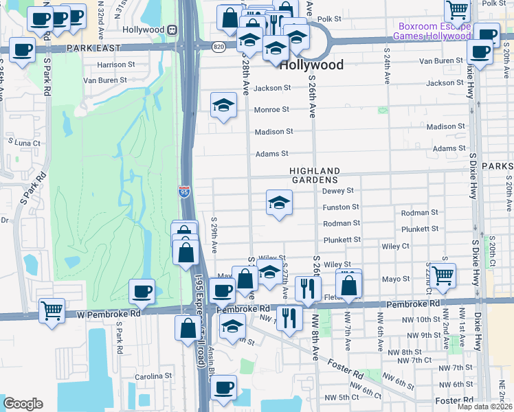 map of restaurants, bars, coffee shops, grocery stores, and more near 2745 Funston Street in Hollywood