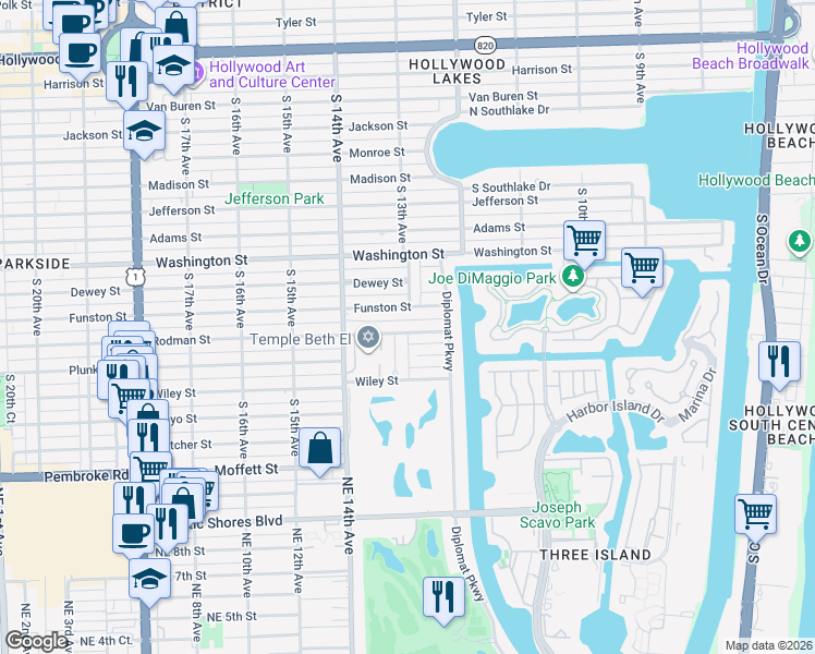 map of restaurants, bars, coffee shops, grocery stores, and more near 1242 Funston Street in Hollywood