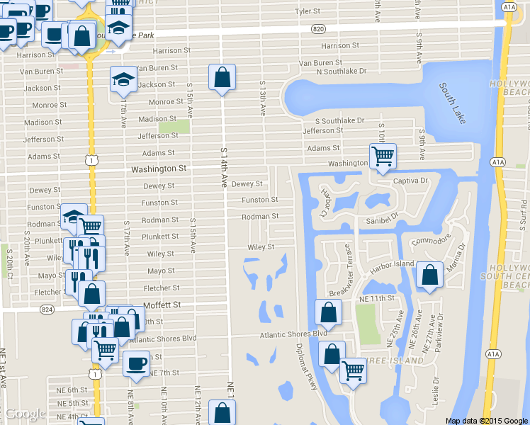 map of restaurants, bars, coffee shops, grocery stores, and more near 1316 Funston Street in Hollywood