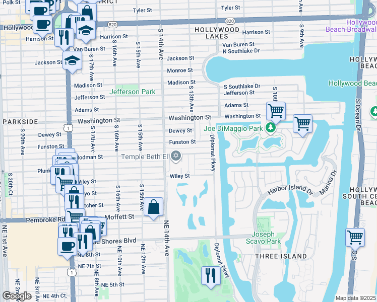 map of restaurants, bars, coffee shops, grocery stores, and more near 1316 Funston Street in Hollywood
