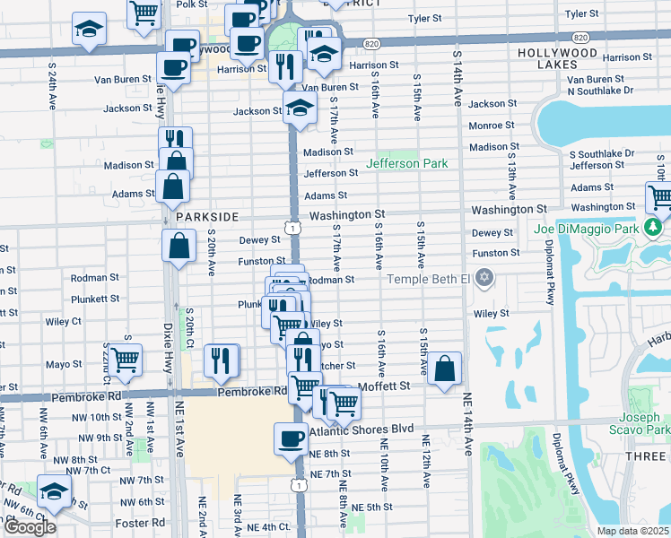 map of restaurants, bars, coffee shops, grocery stores, and more near 1015 South 17th Avenue in Hollywood