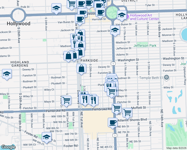 map of restaurants, bars, coffee shops, grocery stores, and more near 1955 Funston Street in Hollywood