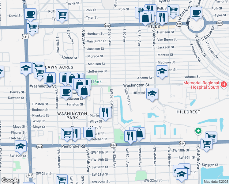 map of restaurants, bars, coffee shops, grocery stores, and more near 5100 Washington Street in Hollywood