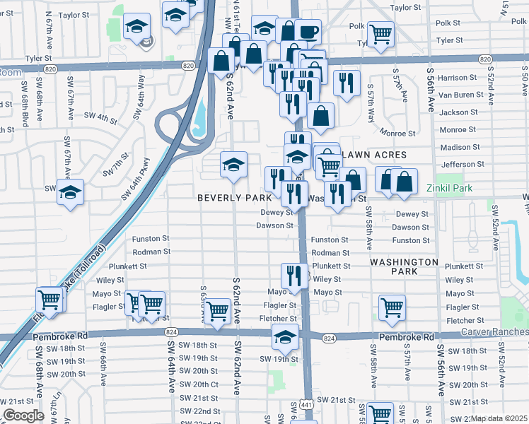 map of restaurants, bars, coffee shops, grocery stores, and more near 6100 Washington Street in Hollywood