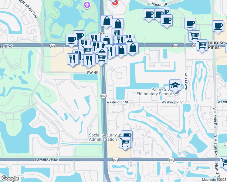 map of restaurants, bars, coffee shops, grocery stores, and more near 12186 Southwest 5th Court in Pembroke Pines