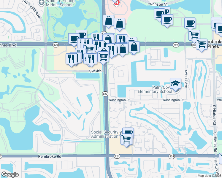 map of restaurants, bars, coffee shops, grocery stores, and more near 601 South Flamingo Road in Pembroke Pines