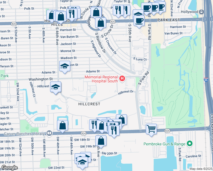 map of restaurants, bars, coffee shops, grocery stores, and more near 3850 Washington Street in Hollywood
