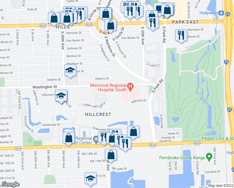 map of restaurants, bars, coffee shops, grocery stores, and more near 3850 Washington Street in Hollywood