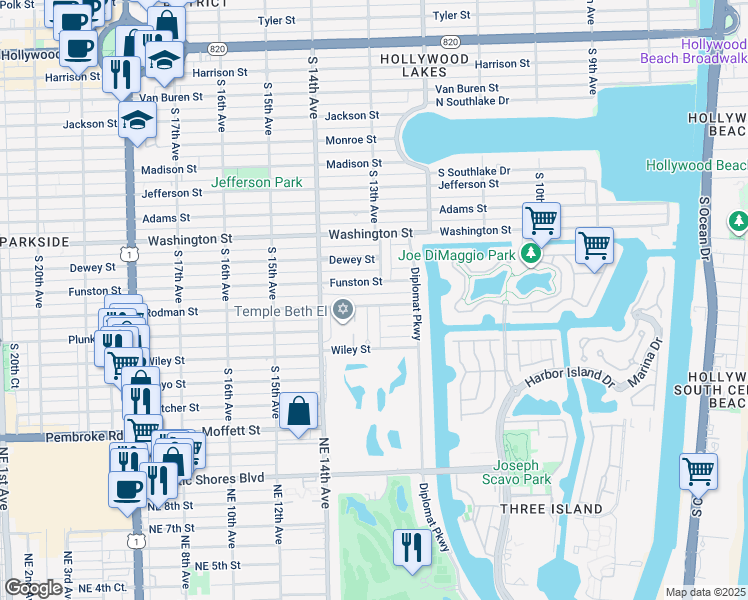 map of restaurants, bars, coffee shops, grocery stores, and more near 1316 Funston Street in Hollywood