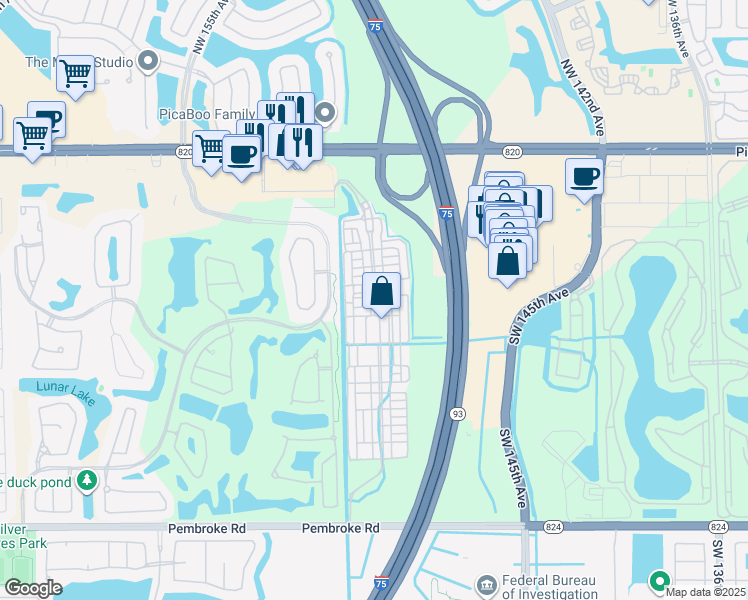map of restaurants, bars, coffee shops, grocery stores, and more near 634 Southwest 148th Avenue in Pembroke Pines