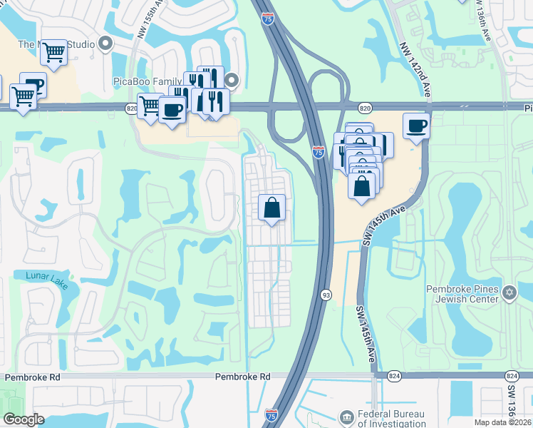 map of restaurants, bars, coffee shops, grocery stores, and more near 817 Southwest 147th Avenue in Pembroke Pines