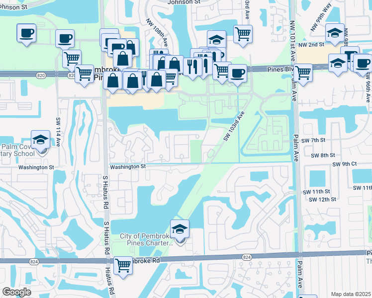 map of restaurants, bars, coffee shops, grocery stores, and more near 724 Southwest 106th Avenue in Pembroke Pines