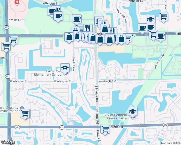 map of restaurants, bars, coffee shops, grocery stores, and more near 671 Southwest 113th Terrace in Pembroke Pines