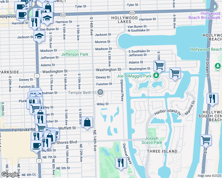 map of restaurants, bars, coffee shops, grocery stores, and more near 1242 Funston Street in Hollywood