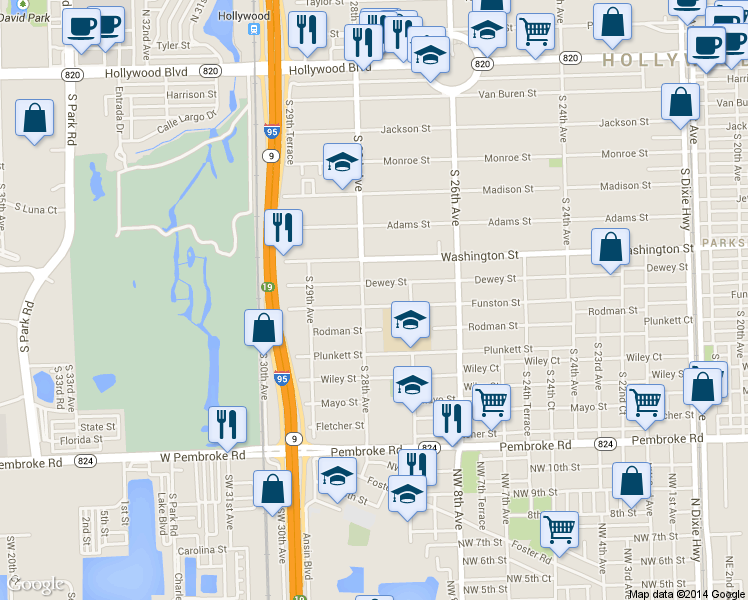 map of restaurants, bars, coffee shops, grocery stores, and more near 2745 Funston Street in Hollywood